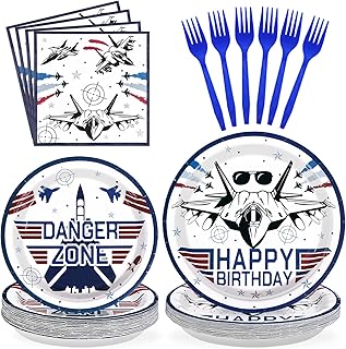 96 Pcs Fighter Jet Pilot Birthday Decorations Military Jet Plates and Napkins Top Air Force Gun Tableware Set Airplane Birthday Party Decorations for Pilot Aviation Aircraft Party Supplies Serves 24