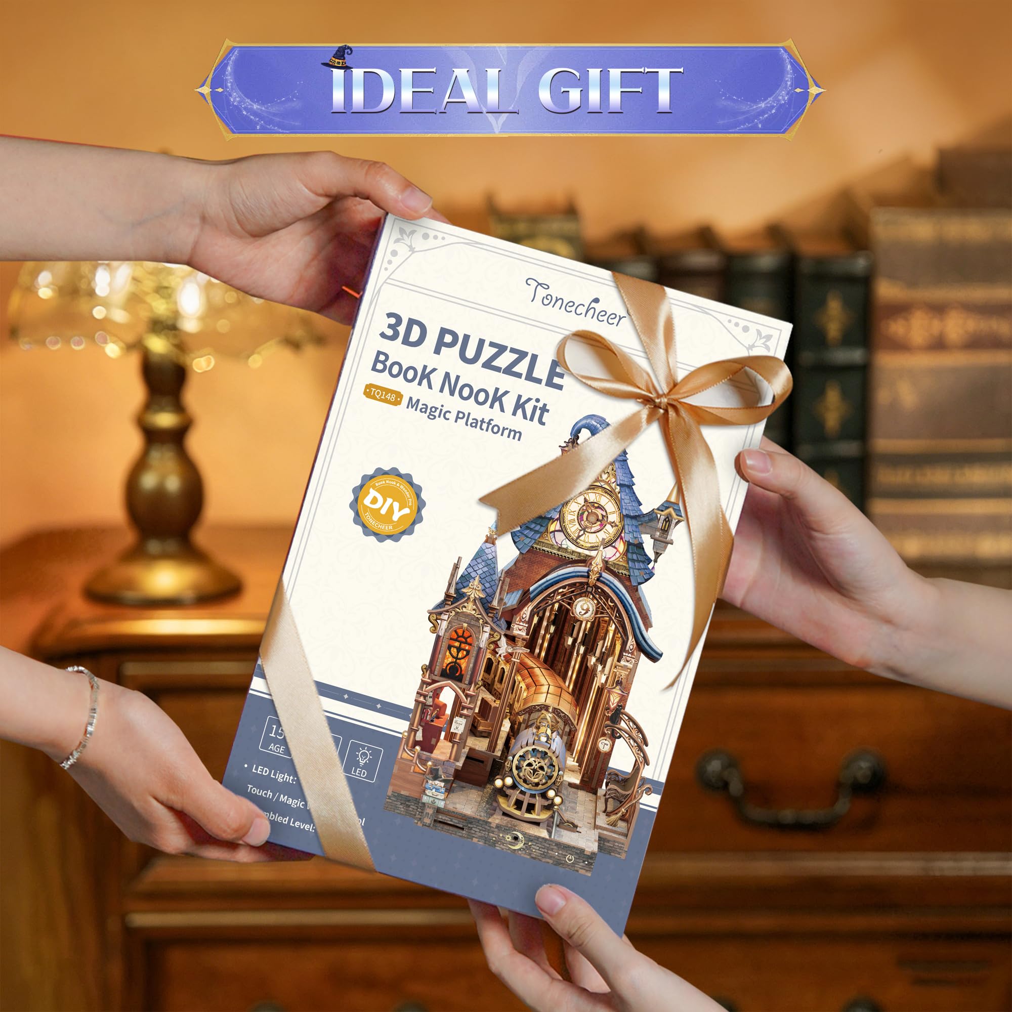 Tonecheer 3D Holzpuzzle Book Nook Kit, LED Zauberwelt Miniatur Bastelset, Interaktives DIY Bücherregal Regaldekor, Gothic Deko Geschenk für Erwachsene und Fans(Magischer Bahnsteig)