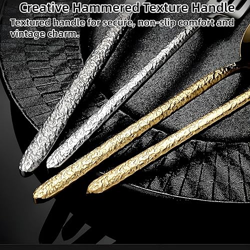 Miniatura 2 de Juego de cubiertos martillados dorados de 60 piezas con cuchillos para carne, juego de cubiertos de acero inoxidable para 12, mango vintage grueso,