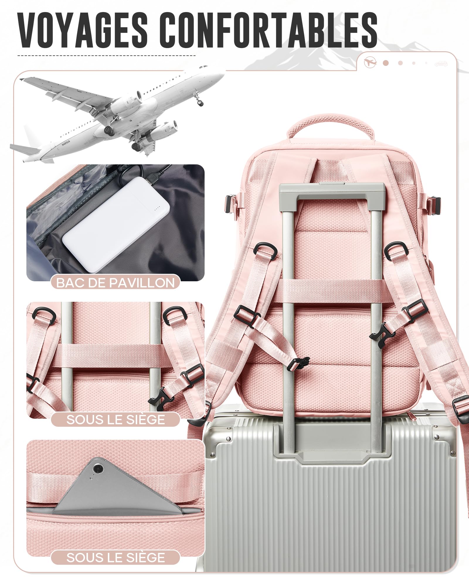 Sac a Dos Compression sous Vide Homme Femme Sac Airbag Travel sous Vide Imperméable Sac à Dos Voyage Cabine Avion 40x30x20 Saca Sos Ordinateur Portable 14 Pouces Port USB-Rose