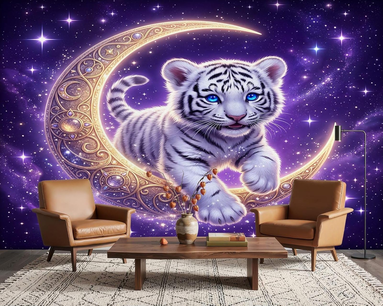 Hgjdjhnf 3D Mural Tiger Photo Wallpaper For Children's Room, Fantasy Style, Purple Non-Woven Wallpaper, Modern Design For Living Room And Bedroom, 250Cm X 175Cm, Wall Sticker - Background Wall - Painting - Poster