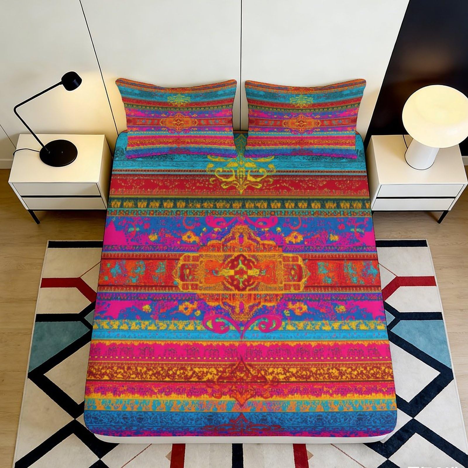 3D Printed Boho Mandala Fitted Sheet Microfiber Soft Colorful Ethnic Stripe Mattress Cover for Bedroom Guest Room 90x200x25cm