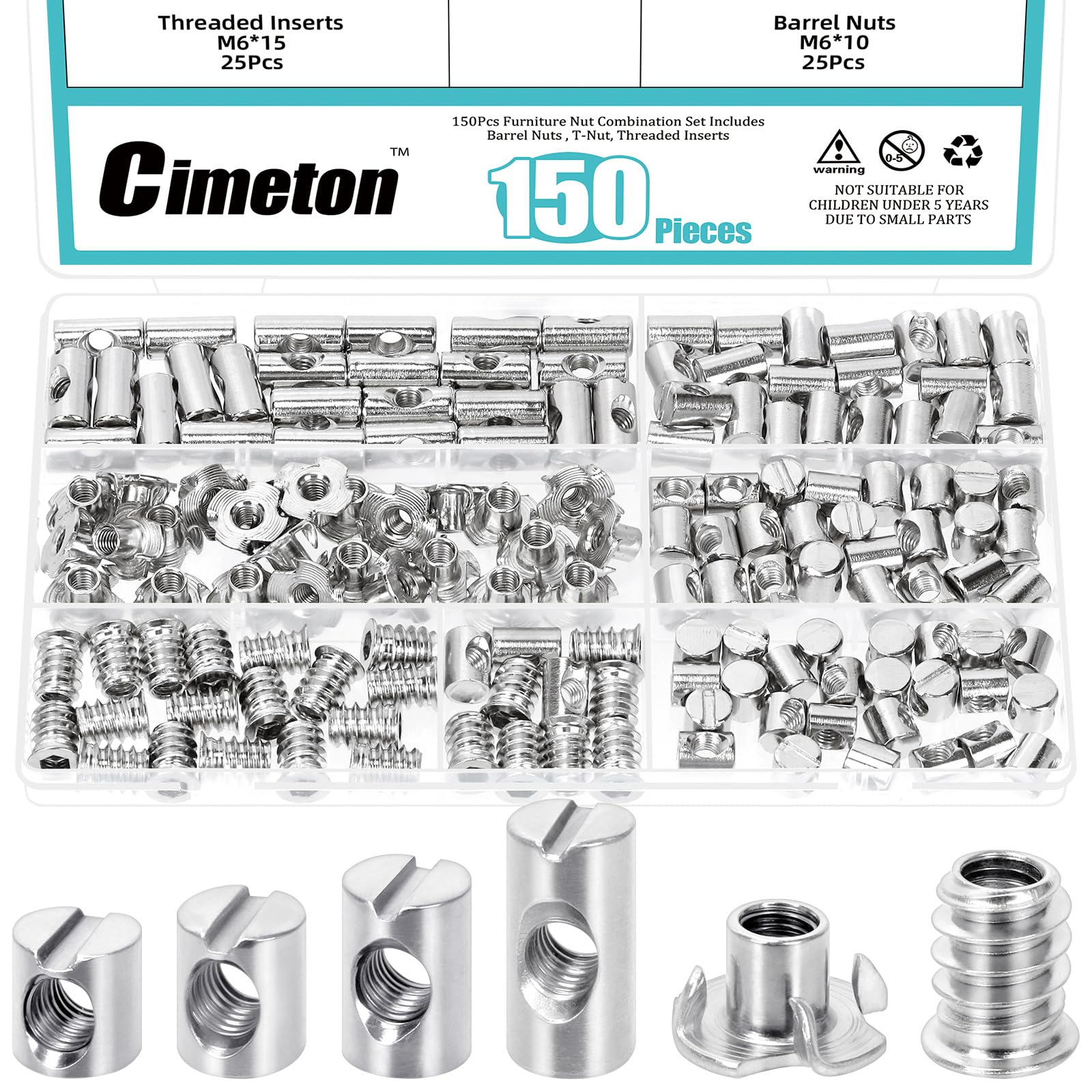 Cimeton 150PCS M6 Barrel Nuts Cross Dowels Slotted Nut Kit with 4-Pronged Tee Nut Wood Inserts Bolt for Wood Furniture(Nickel Plating)