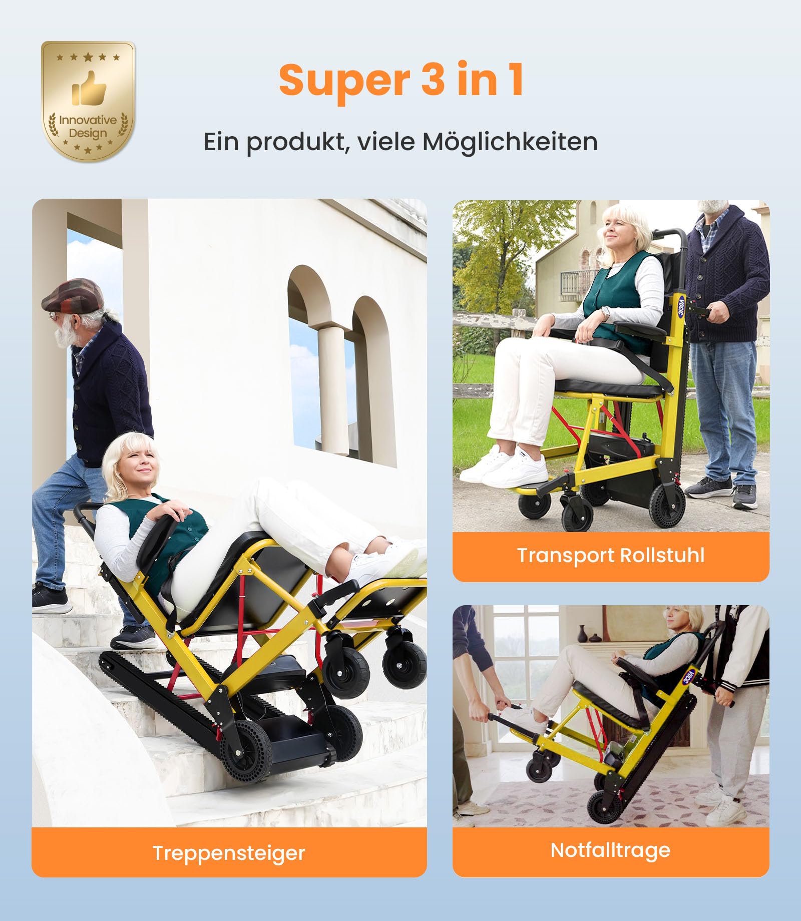 VOCIC Elektrisch Treppensteiger Rollstuhl Faltbar 220KG mit Gummikette AY04 | Elektrische Treppenhilfe Rollstühle für Senioren, Treppenlift Medizinische Rettungstrage mit LED Licht (Gelb)