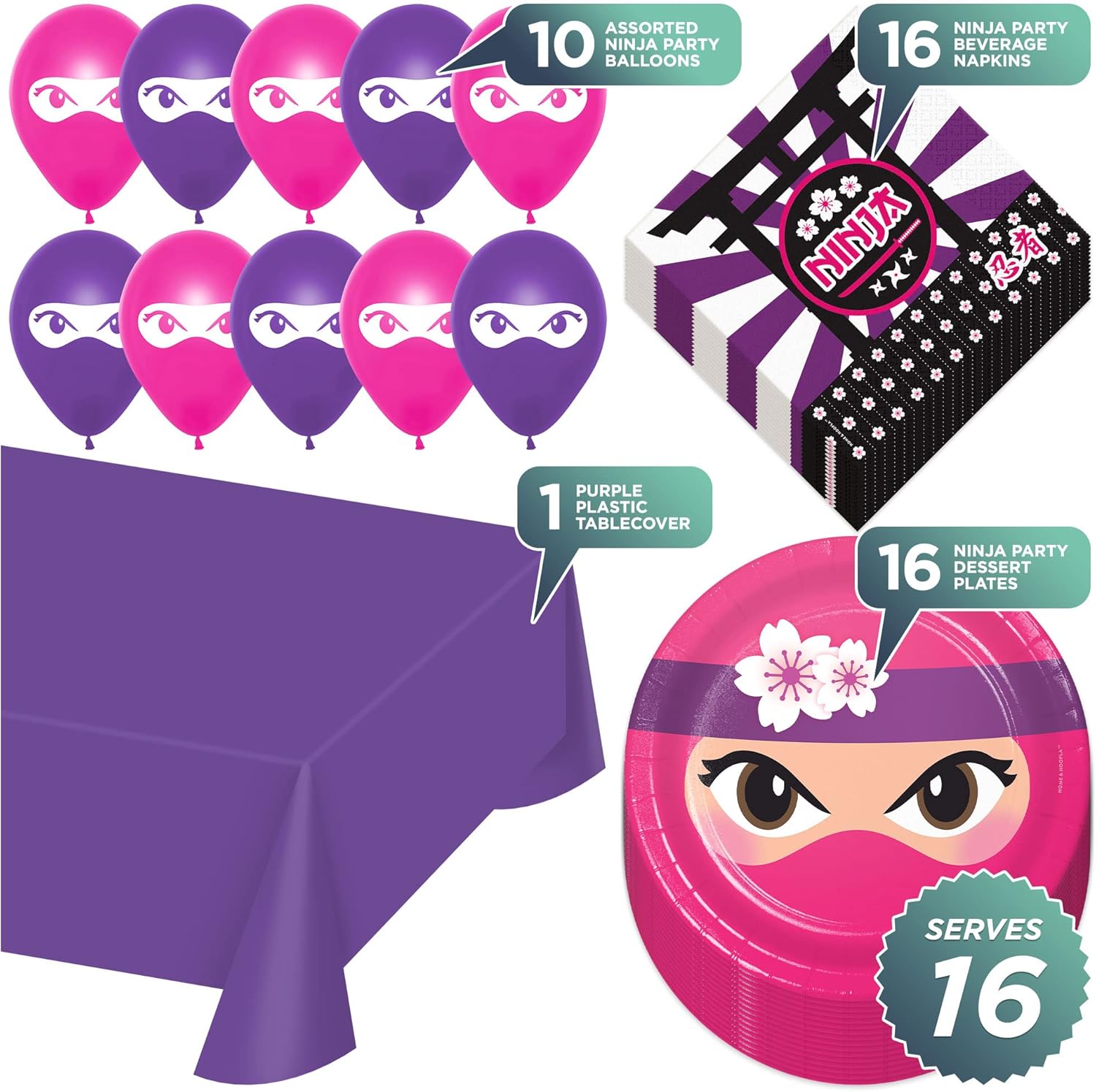 Pink Ninja Party Pack - Pink and Purple Ninja Girl Paper Dessert Plates, Napkins Table Cover, and Balloon Set (Serves 16)
