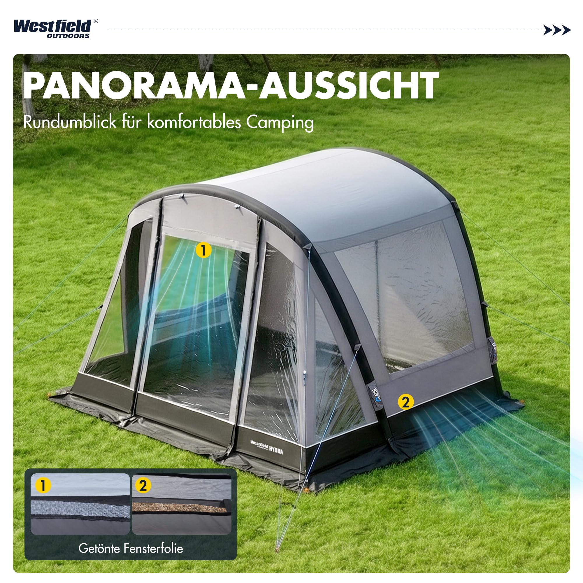 Westfield Outdoors Hydra, Aufblasbares Zelt 300 x 240 cm, Wetterfestes Autozelt mit 3000 mm Wasserschutz, UV-beständig, Drive-Away-Funktion, Panorama-Ausblick, abnehmbare Wände & Tragetasche