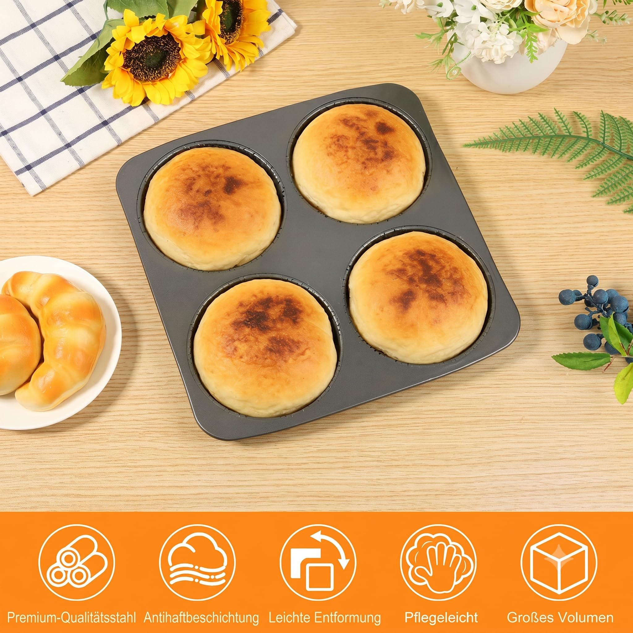 Burger Buns - Stampo da forno perforato per hamburger Buns in acciaio al carbonio, 4 teglie resistenti al calore fino a 450 °C, risultati di cottura perfetti grazie al rivestimento