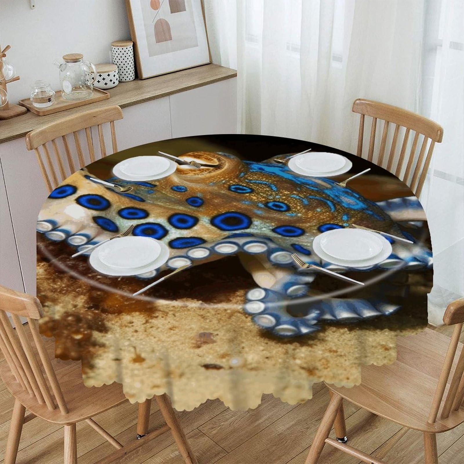 VstaDank 60 Inch Round Blue Ring Octopus Tablecloth Polyester Waterproof Wrinkle Free Table Cloth Spillproof Washable Table Cover Colorful Tablecover Decor for Home Kitchen Dining Party