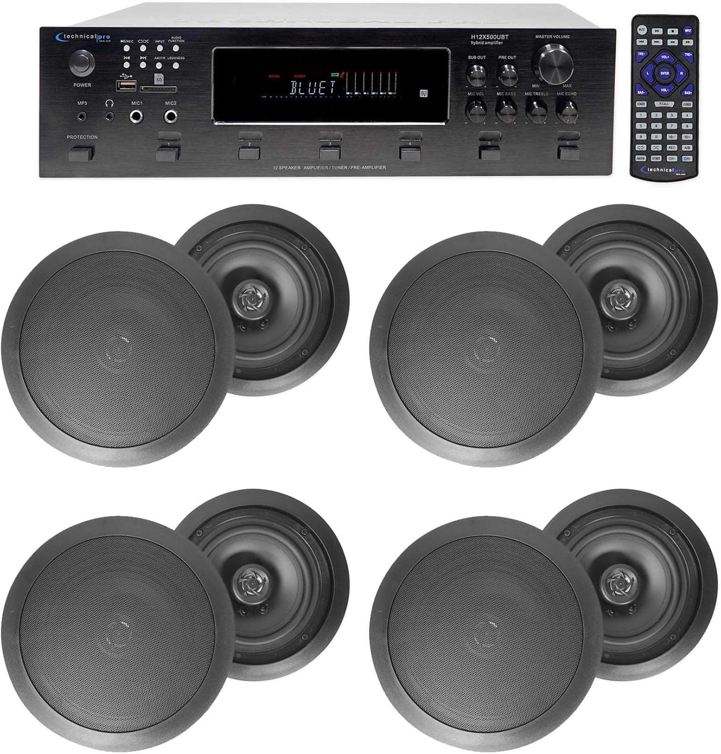 Technical Pro H12X500UBT 6000w 6-Zone 12-Speaker Bluetooth Home Theater Receiver Receiver Bundle with Pair Rockville HC655 Black 6.5" 500 Watt in-Ceiling Home Theater Speakers 8-Ohm