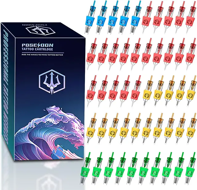Poseidon 50Pcs Assorted Tattoo Cartridge Needles - Mixed Sizes for Tattoo Pens