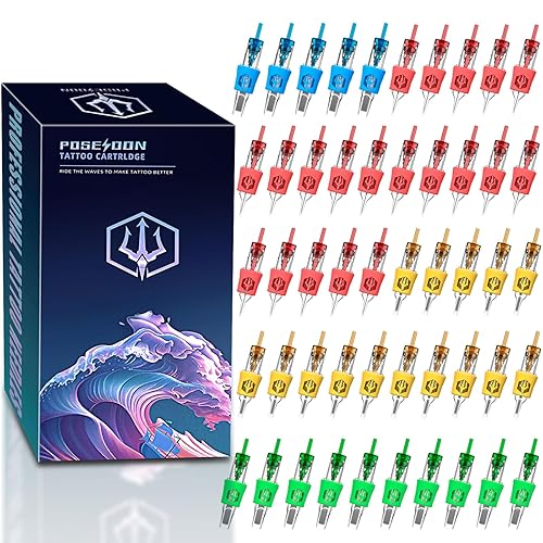 Poseidon 50Pcs Tattoo Cartridge Needles Assorted Mixed Size Round Liner Shader Magnum Curved/Round Mag # 12 Standard 3RL 5RL 7RL 9RL 5RS 7RS 9RS 7RM 9RM 9M1 Disposable Membrane for Tattoo Pen - 50PCS-50MIX