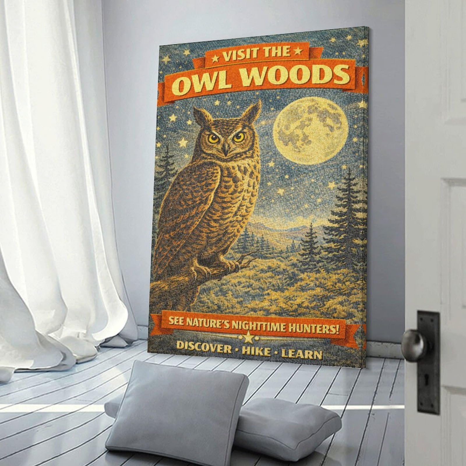 Junmoney Visit The Owl Woods Vintage Hanging Wall Art, 12x18inch(30x45cm), for Entryway, Lounge Links Or Small Walls, Home Artwork for First Impressions