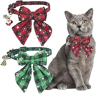 ADOGGYGO Christmas Cat Collars Breakaway with Stylish Bow, 2 Pack Red Green Plaid with Snowflake Christmas Kitten Collar with Bell, Removable Bowtie Cat Christmas Collar for Cats Kittens