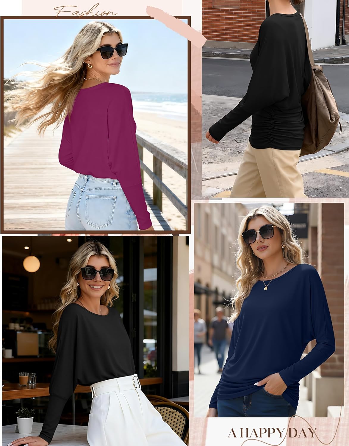 3 Pack Women's Dolman Sleeve Tops Casual Long Sleeve Flowy Side Ruched Shirts Round Neck Bat Wing Draped Basic Tee - Image 5