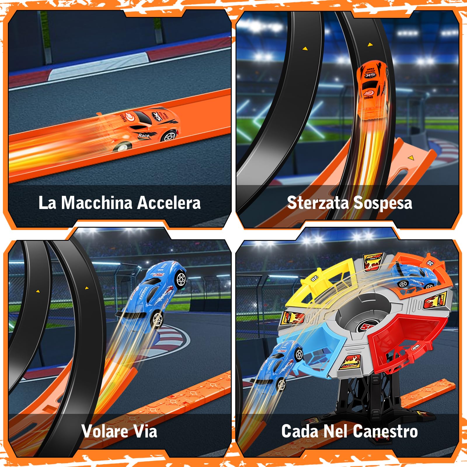 Charmofun Giocattolo Piste da Corsa, Circuito di Corse mit Pista Loop Rotante, Pista Slot per Bambini, Giocattolo da Corsa Regalo per Ragazzi 3 4 5 6+ anni