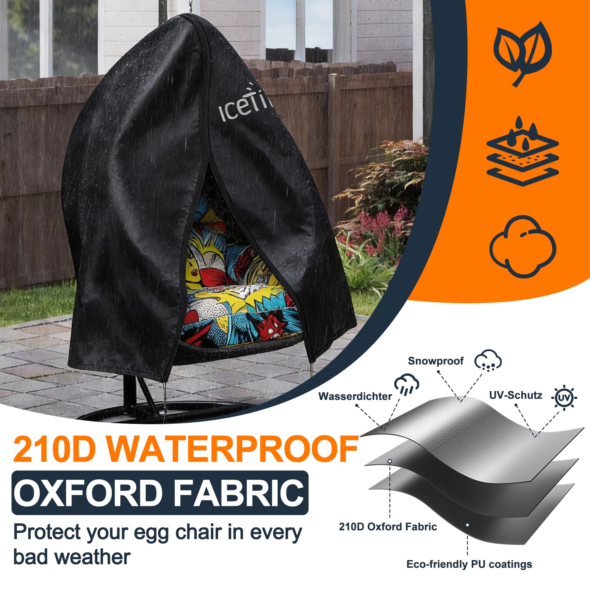 Upgraded Egg Chair Cover - Waterproof, Windproof, Heavy Duty Large Patio Hanging Swing Seat Cover With Zipper, 190x115cm, Black — view 3