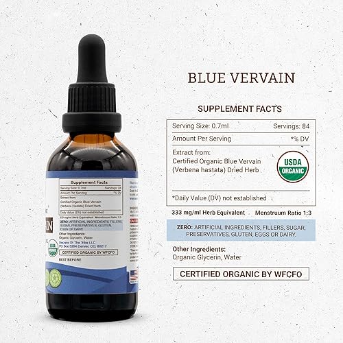 Miniatura 8 de Secrets of the Tribe Blue Vervain USDA Organic  Alcohol-Free Extract, High-Potency Herbal Drops  Made from 100% Certified Organic Blue Vervain