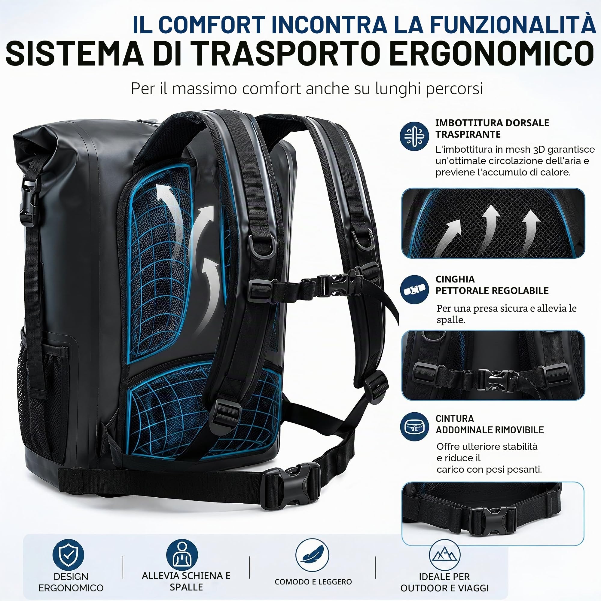AUMTISC Borsa impermeabile da 35 litri con scomparto per computer, zaino impermeabile a rolltop per kayak, pesca, motorizzazione