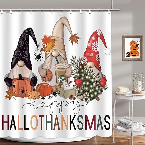 Miniatura 2 de MEHOFOND Juego de 4 cortinas de ducha de gnomo de Halloween, con cortina de ducha, alfombras antideslizantes, cubierta de tapa de inodoro, tapete de