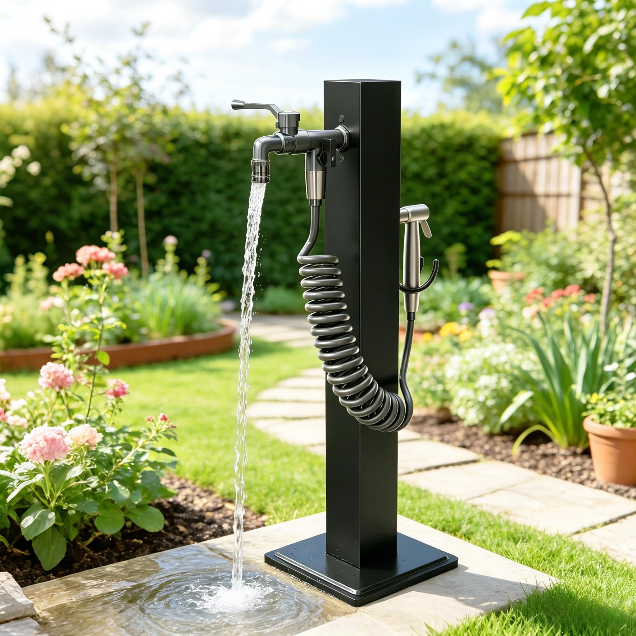 Columna de Agua para Jardin con Grifo, Dos Entradas de Agua, Grifo Exterior Jardin con Soporte Manguera y Pistola Rociadora, Fuente Jardin Exterior para Jardines, Granjas (Grande)