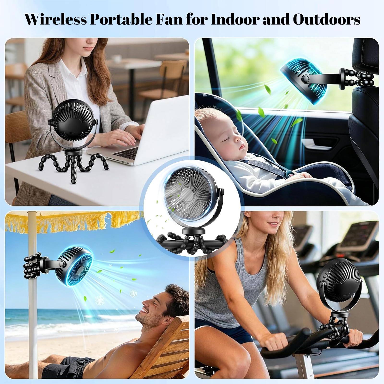 Mini ventilatore portatile USB 2000 mAh 3 velocità rotazione 360° supporto regolabile per passeggini ufficio camera da letto Nero