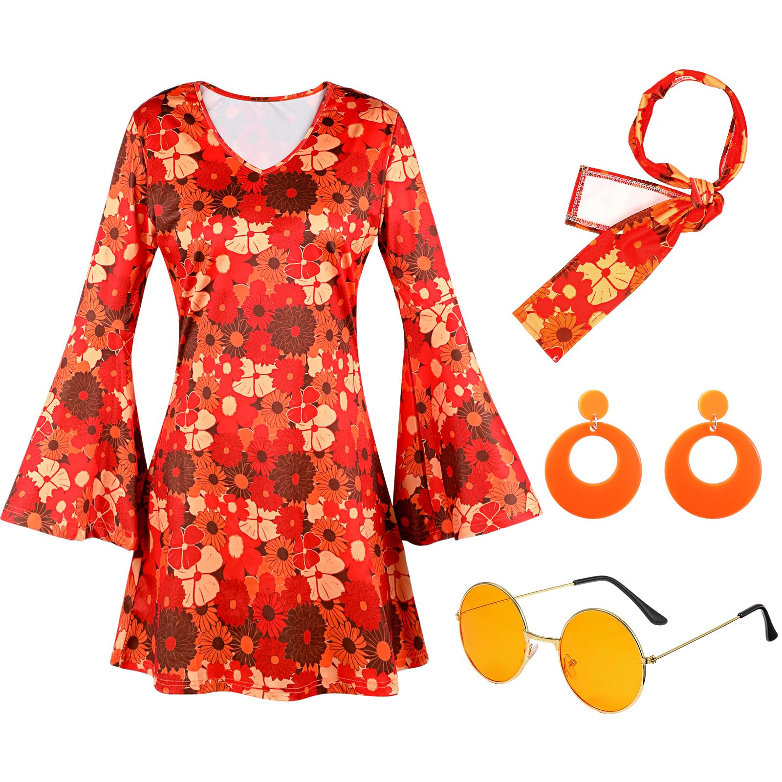 hippie christmas dress Women Christmas Outfit 70s Hippie Bohemian Disco Party Dress for Women Retro Flowy Elegant Outfit Yellow 2XL