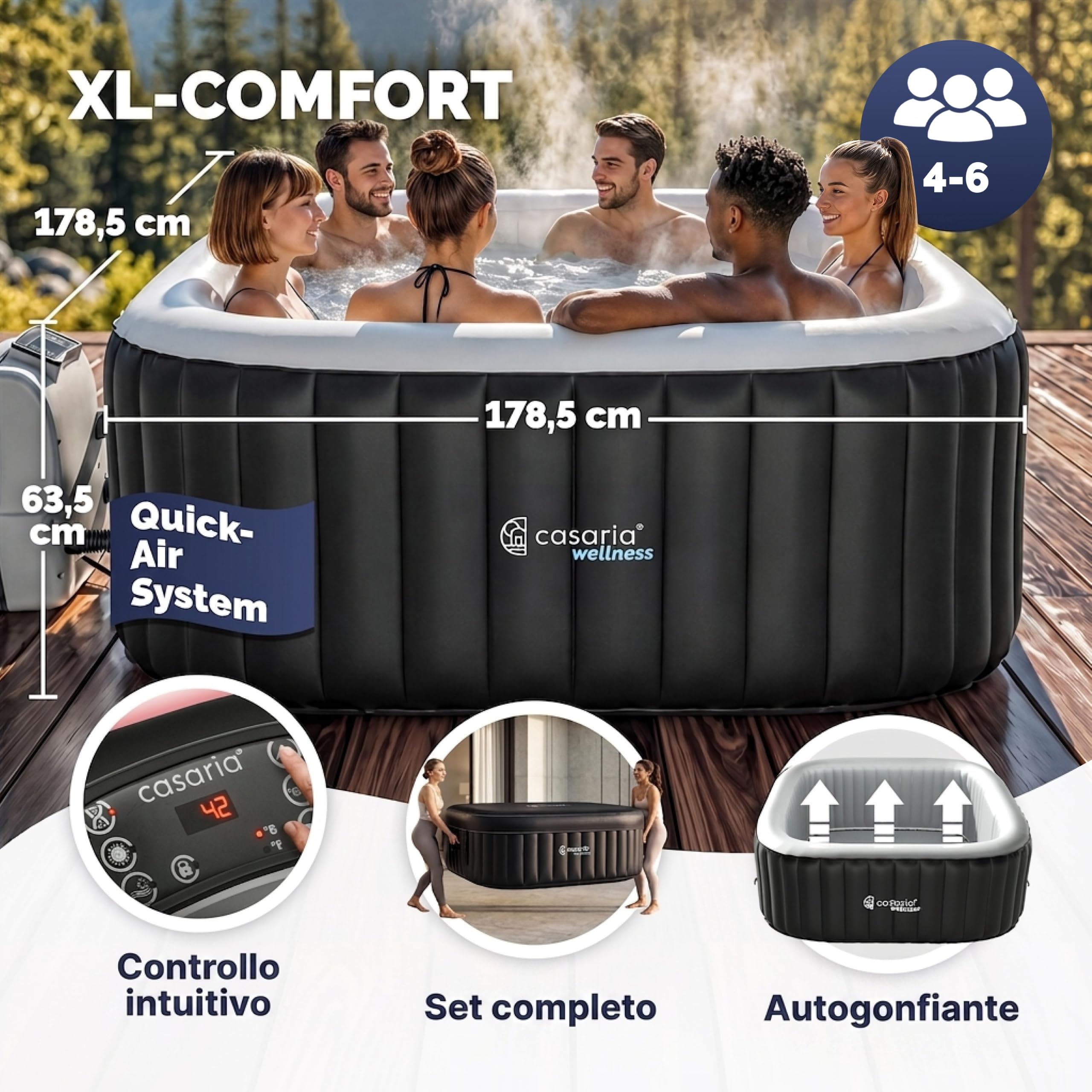 Casaria Piscina Idromassaggio Gonfiabile Quadrata 178 x 178 cm 6 Persone Vasca Spa Esterna Interna 140 Getti Protezione Antigelo con Filtro Accessori