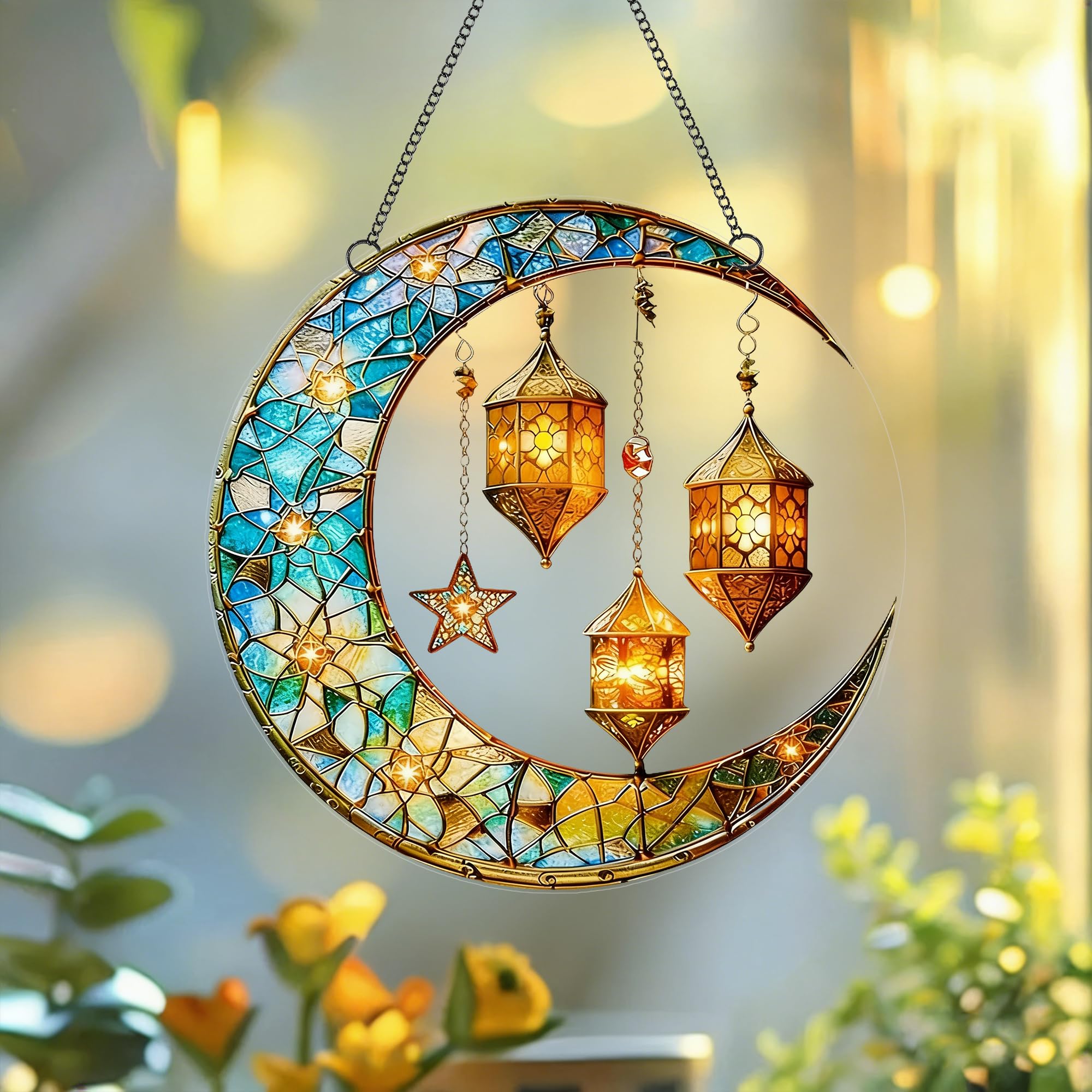 Crescent Moon & Lantern Acrylic Suncatcher with Hanging Chain, Moroccan Style Window Decor for Home, Patio, Garden, Ramadan & Housewarming，Ideal Present for Family and Friends/YX-37