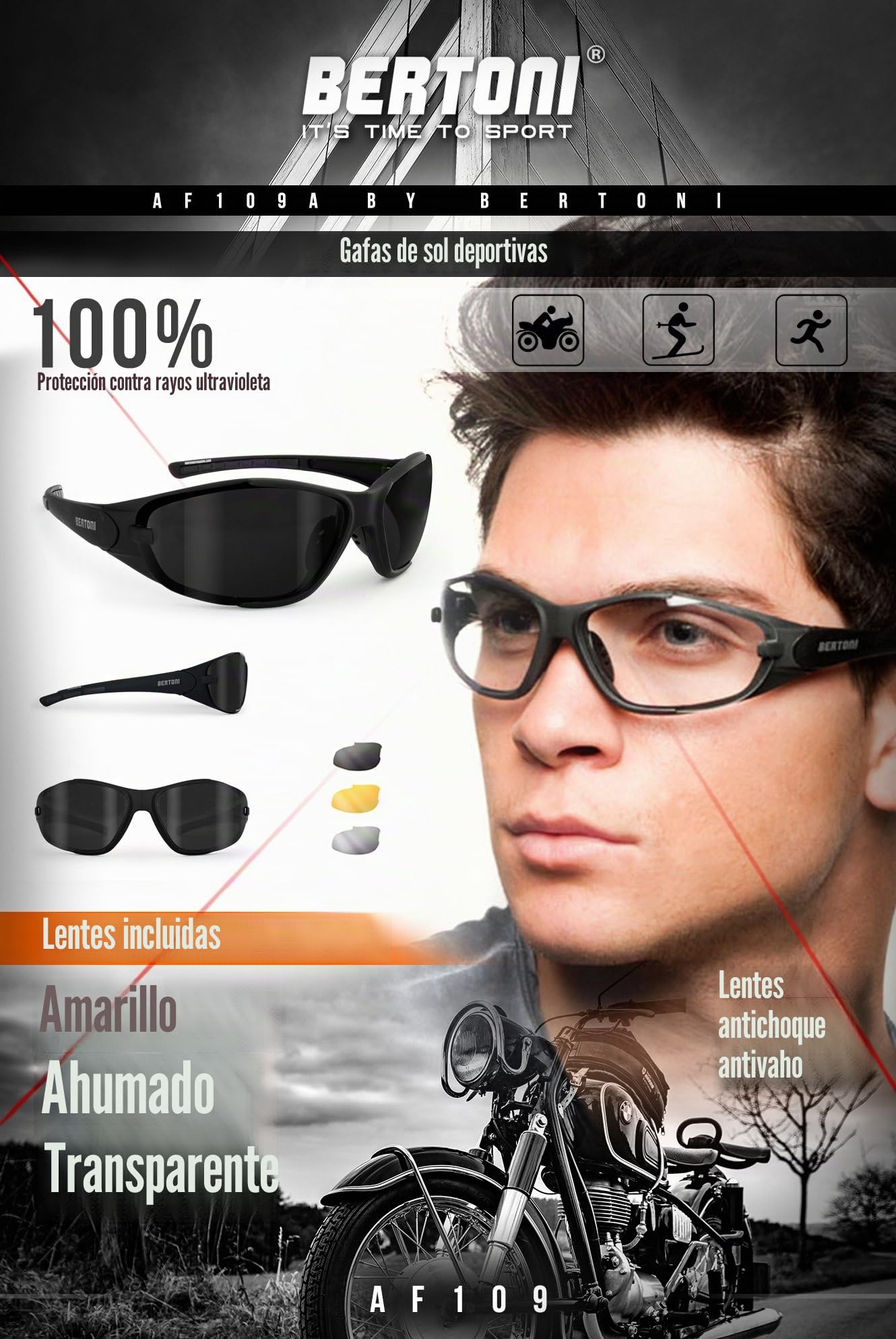 BERTONI Gafas Deportivas Moto - Lentes Antivaho Intercambiables - Bertoni Italy AF109