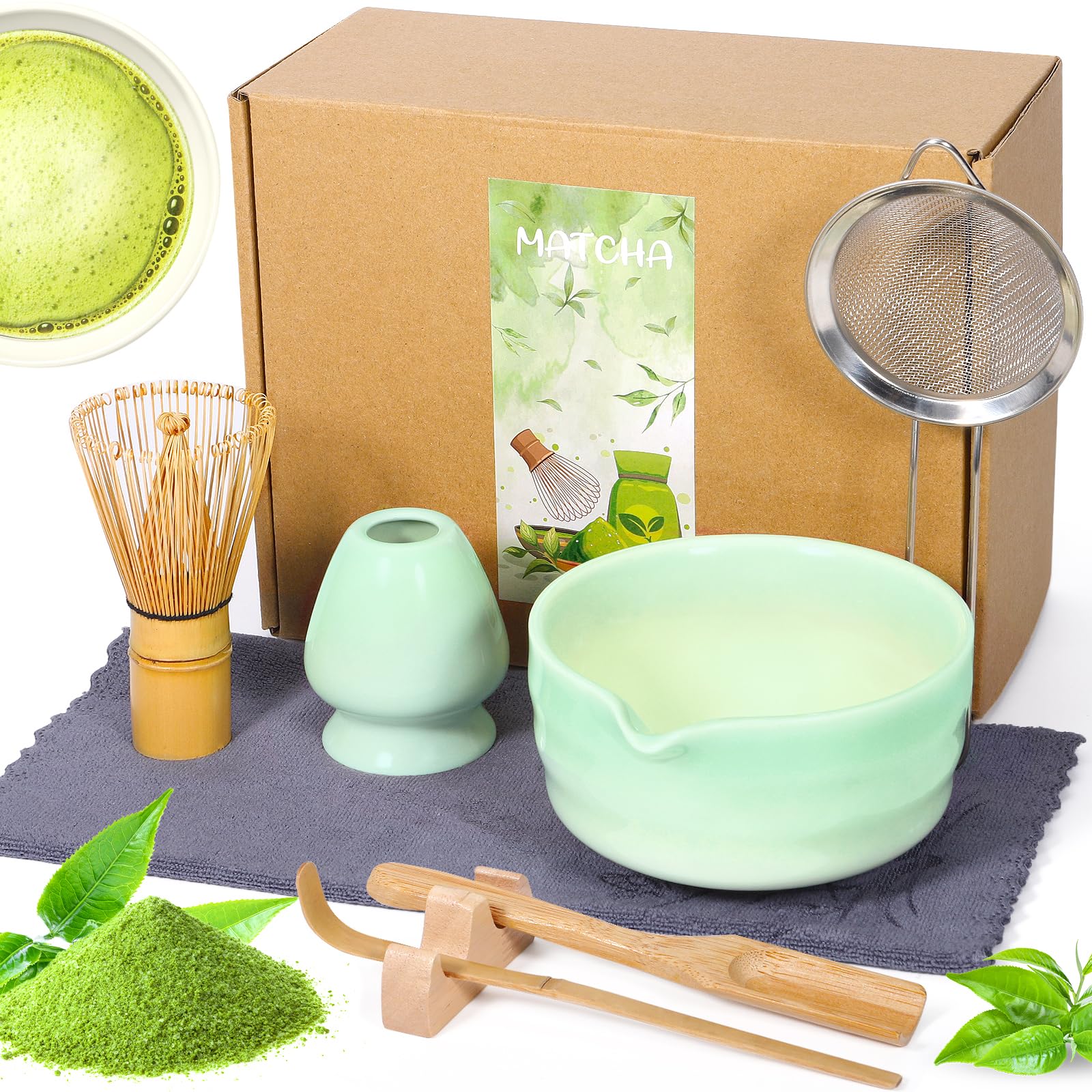 Matcha Kit - Set Di 8 Pezzi, Matcha Tea Kit Con Matcha Bowl(Beccuccio), MatchaWhisk, Supporto Chasen, MatchaCucchiaino, Setaccio ecc, Japanese Tea Set - per Cerimonia del Tè (verde)