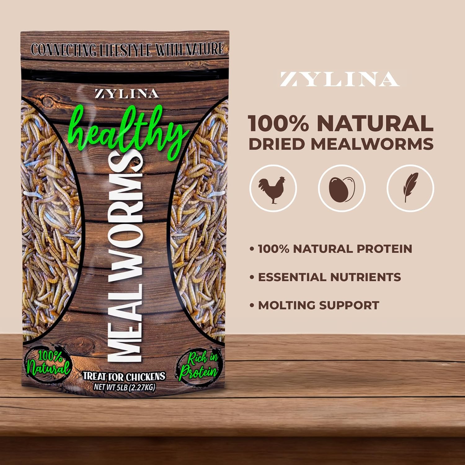 Zylina Dried Mealworms | 100% Natural Chicken Feed Alternative to Black Soldier Fly Larvae for Chickens | Chicken Food & Chicken Treats for Laying Hens, Ducks, and Dried Mealworms for Birds | 5 LBS