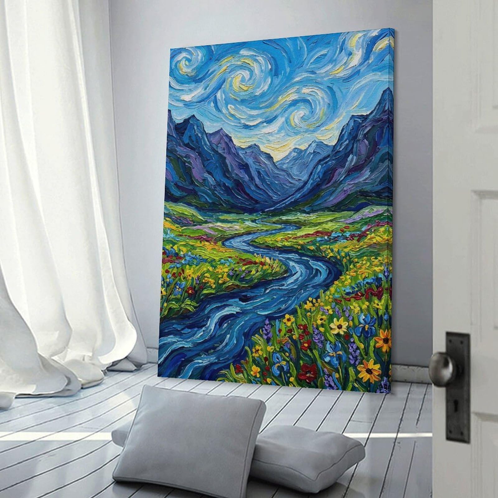 Junmoney Impressionistic Mountain Valley River Painting Wall Art Print, 08x12inch(20x30cm), for Study, Office Or Focused Interiors, Home Office Artwork with Decorative Appeal