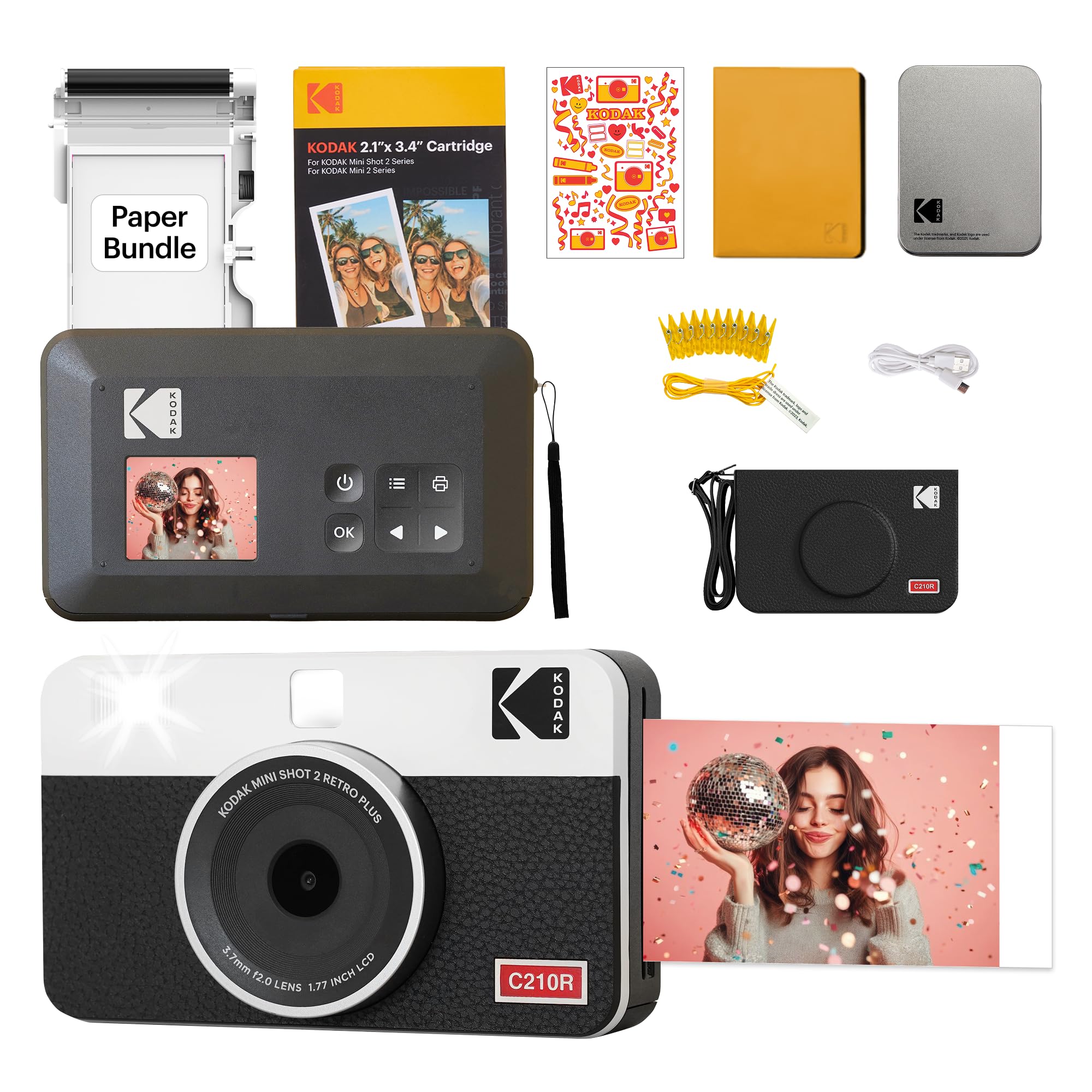 Mini Shot 2 Retro 4PASS 2-in-1 Instant Digital Camera and Photo Printer (2.1x3.4 inches) Initial 8 Sheets + 30 Sheets Gift Bundle, White