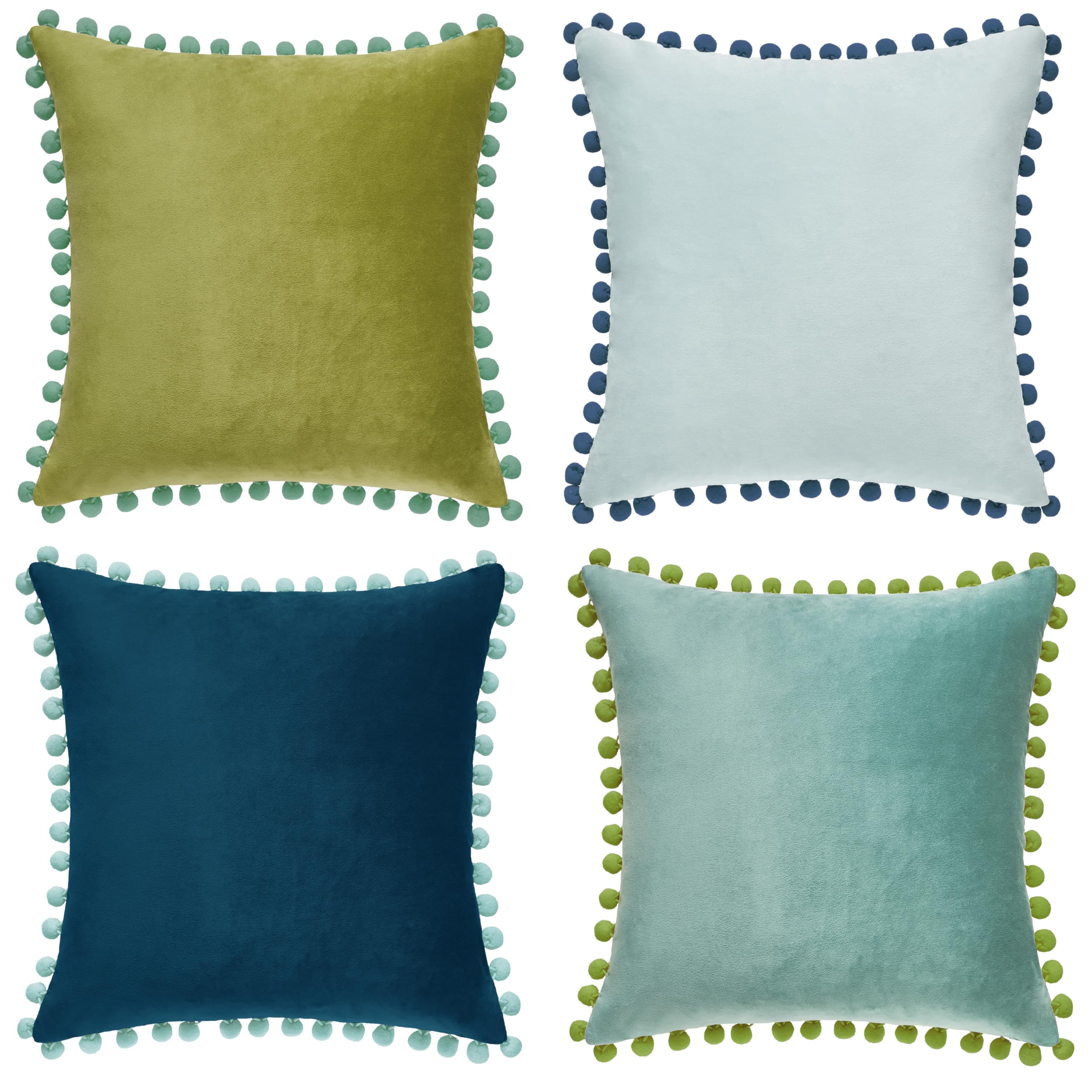 MONDAY MOOSE Decorative Throw Pillow Covers Cushion Cases Set of 4 Soft Velvet Pom Poms Double-Sided Designs Mix