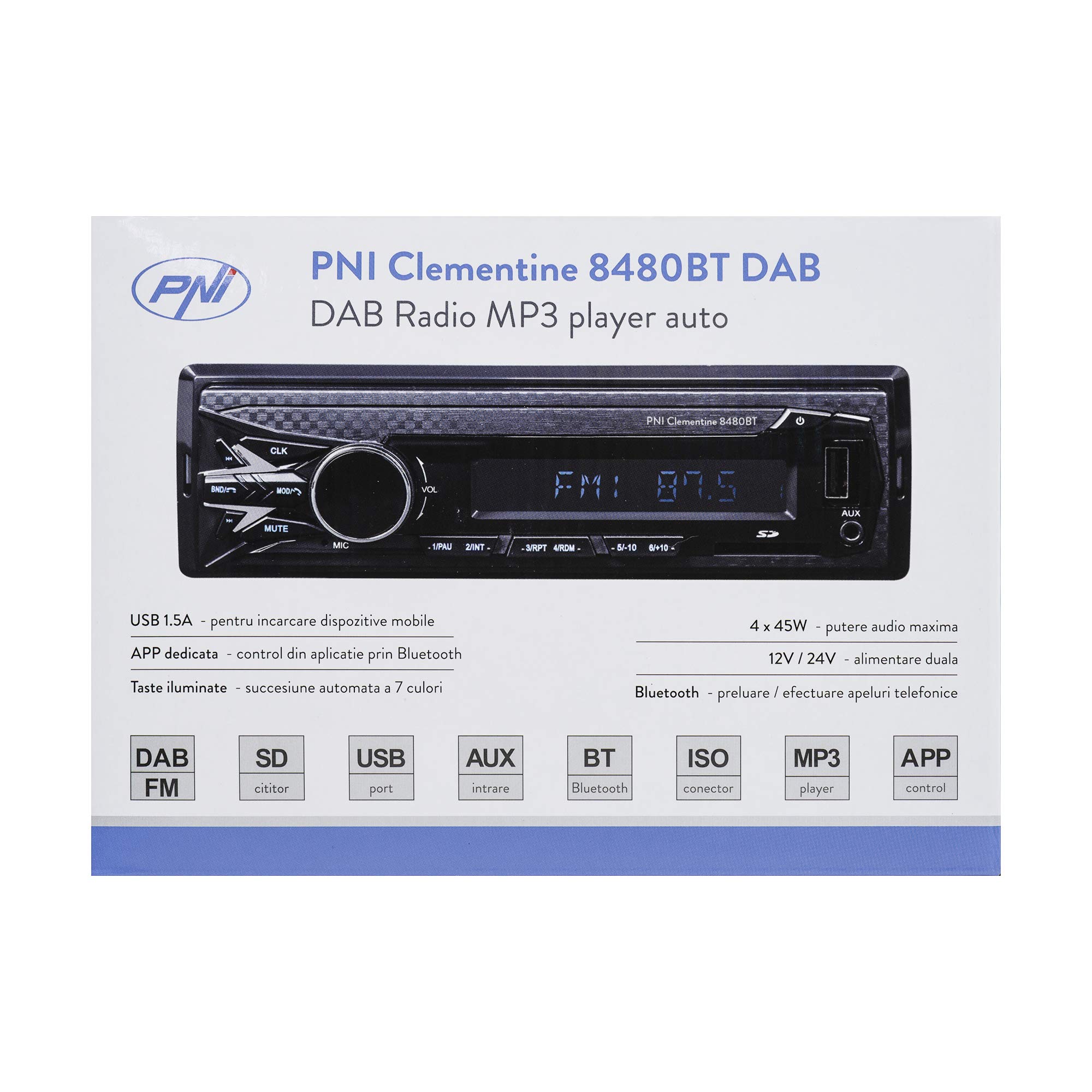 Dab Autoradio MP3 Reproductor de Coche PNI Clementine 8480BT 4x45w, 12 / 24V, 1 DIN, con SD, USB, AUX, RCA, Bluetooth y USB 1.5A para Cargar el teléfono
