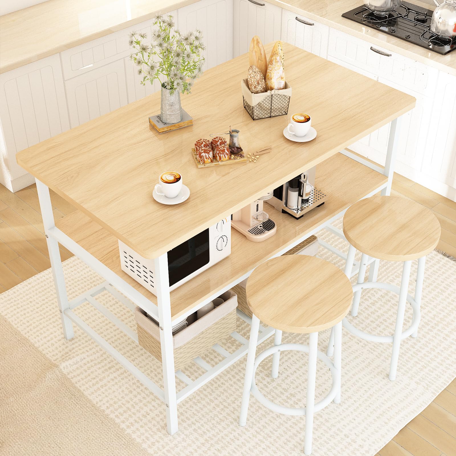 AWQM Kitchen Island with Seating and Storage, Island Table for Kitchen with 3 Shelves, Wooden Counter Height Table Top,Kitchen Table Set for 2,3 Piece Bar Table Set for Small Space,Beige