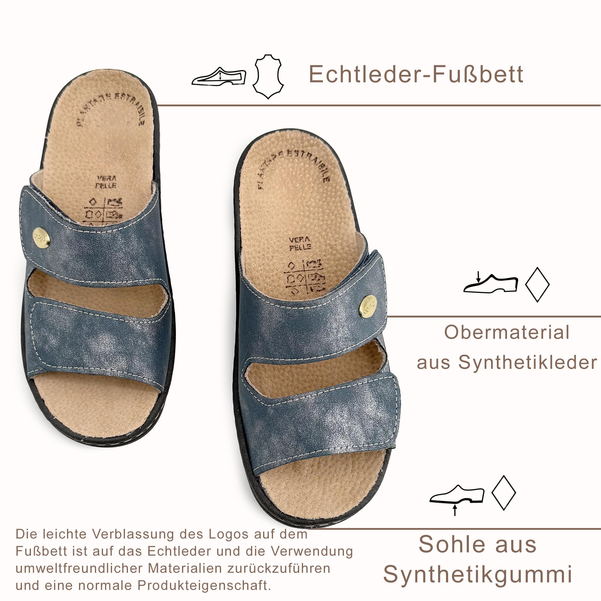 JOMIX Damen Pantoletten Orthopädische mit Klettverschluss Sommer Hausschuhe Anatomisch Ergonomisch Herausnehmbares Lederfußbett Verstellbar Bequemer Keilabsatz für ältere Damen