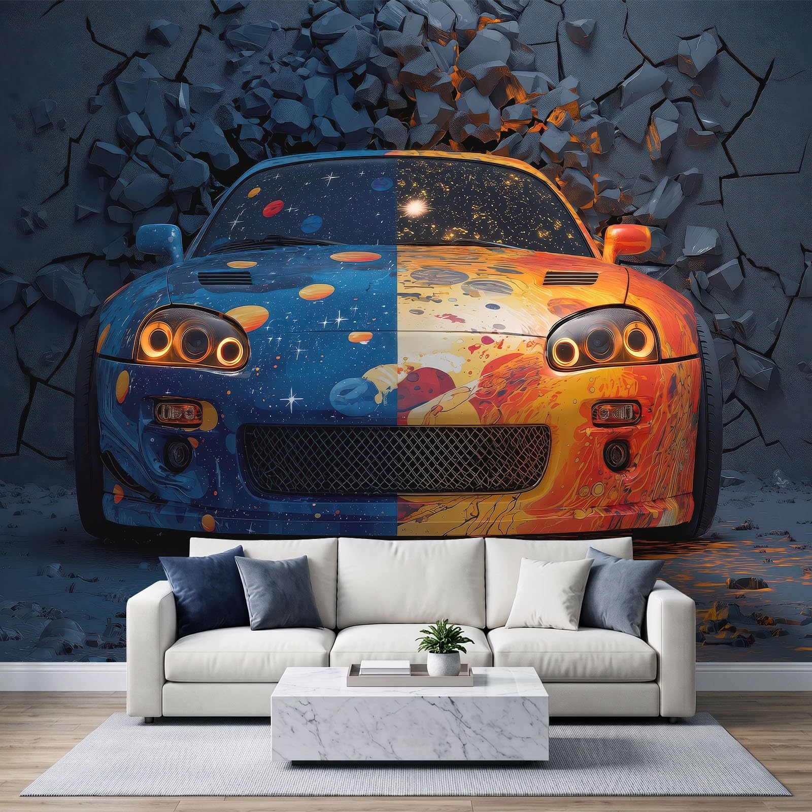 Kosmos mur, galaktyka, czerwony, samochód sportowy, fototapeta – szer. 200 x wys. 140 cm – sci-fi, futurystyczna tapeta ścienna, tapeta na fizelinie, 3D, niebiesko-czarna, tapeta z motywem, dekoracja