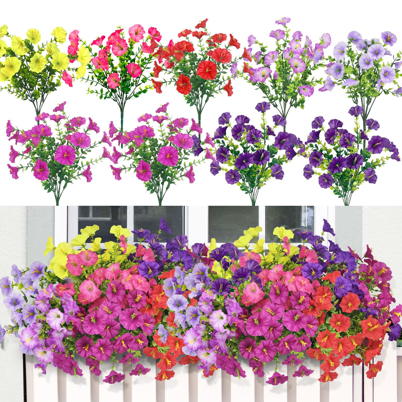 SHEPIN 9 Bündel Kunstblumen für Draußen, Künstliche Blumen Outdoor Wetterfest Balkonpflanzen Petunien Balkonblumen Seidenblumen Wie Echt Kunstpflanze
