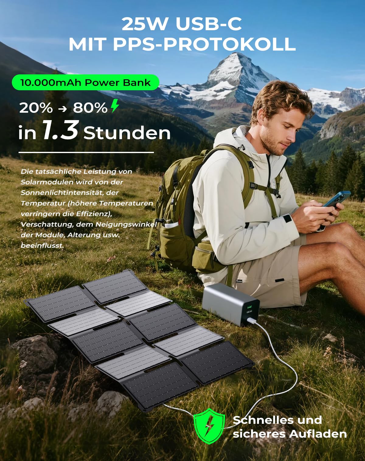 BigBlue Tragbarer 35W Tragbar Solar Ladegerät mit Schnellladung USB-A und PD 25W USB-C für Camping und Trekking, 0,7kg, IP68-Wasserdicht, Klappbares Solar-Ladegerät für iPhone/Android, iPad, Powerbank