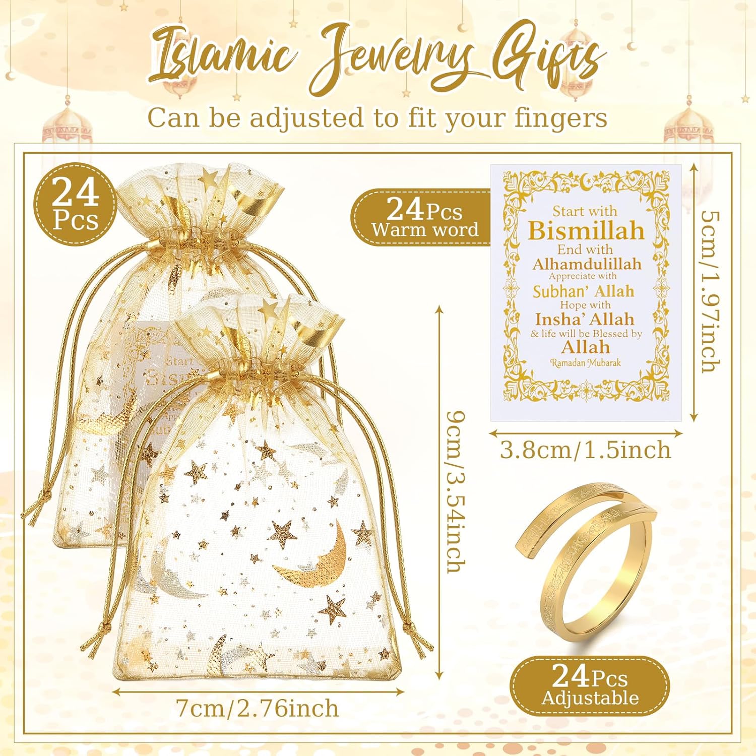 24 Sets Eid Al Adha Ayatul Kursi Rings Bulk for Women Men Islamic Ramadan Gifts Eid Mubarak Rings Islamic Muslim Jewelry Allah Open Ring Gift Arabic Ring with Card Bag for Islam Party Favor - Image 2