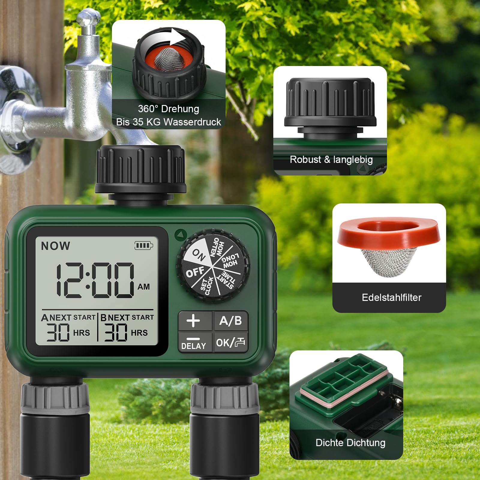 Bewässerungscomputer 2 Ausgänge, Großes LCD-Display Bewässerungsuhr, Automatische Bewässerung Zeitschaltuhr mit Regenverzögertem Manuellem Wasserhahn-Zeitschaltuhr für Garten Rasen