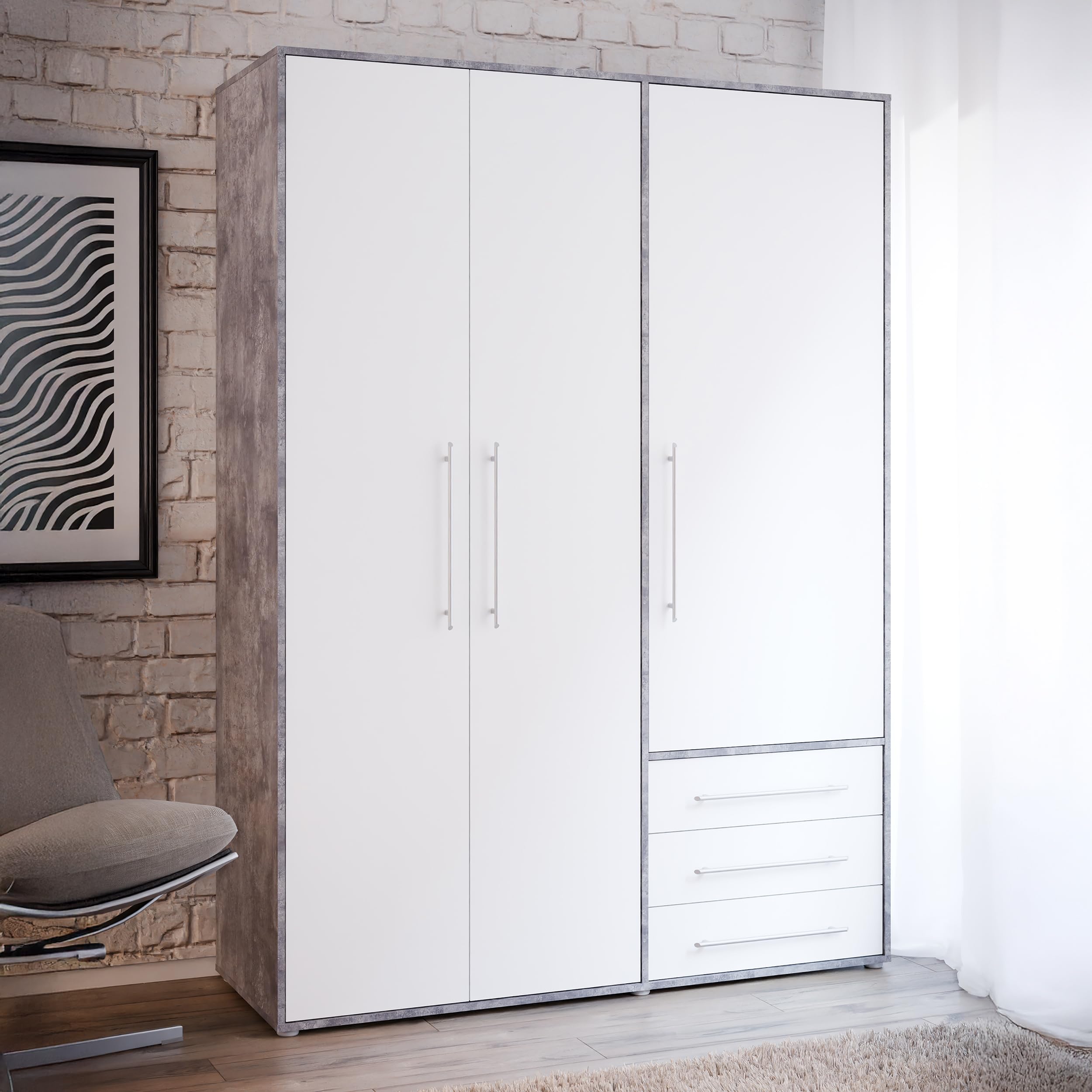 Forte Jupiter Kleiderschrank 140 150, Schrank mit 3 Türen und 3 Schubladen, Holzwerkstoff, Weiß/Betonoptik Lichtgrau, 144,4 cm breit, 200 cm hoch, 53 cm tief Küche, Haushalt & Wohnen