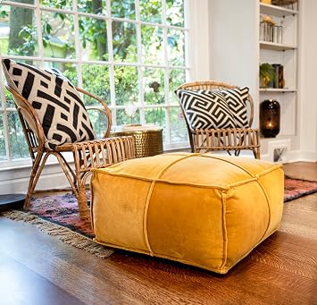 Creative Co-Op Square Cotton Velvet Pouf Seat, Goldenrod Yellow