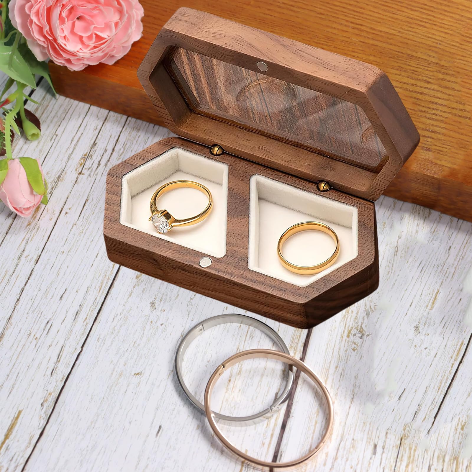 Asudaro Scatola Per Fedi Nuziali, Scatola Porta Anelli Matrimonio In Legno Mini Scatola Porta Anelli Di Fidanzamento Con Coperchio Trasparente Per