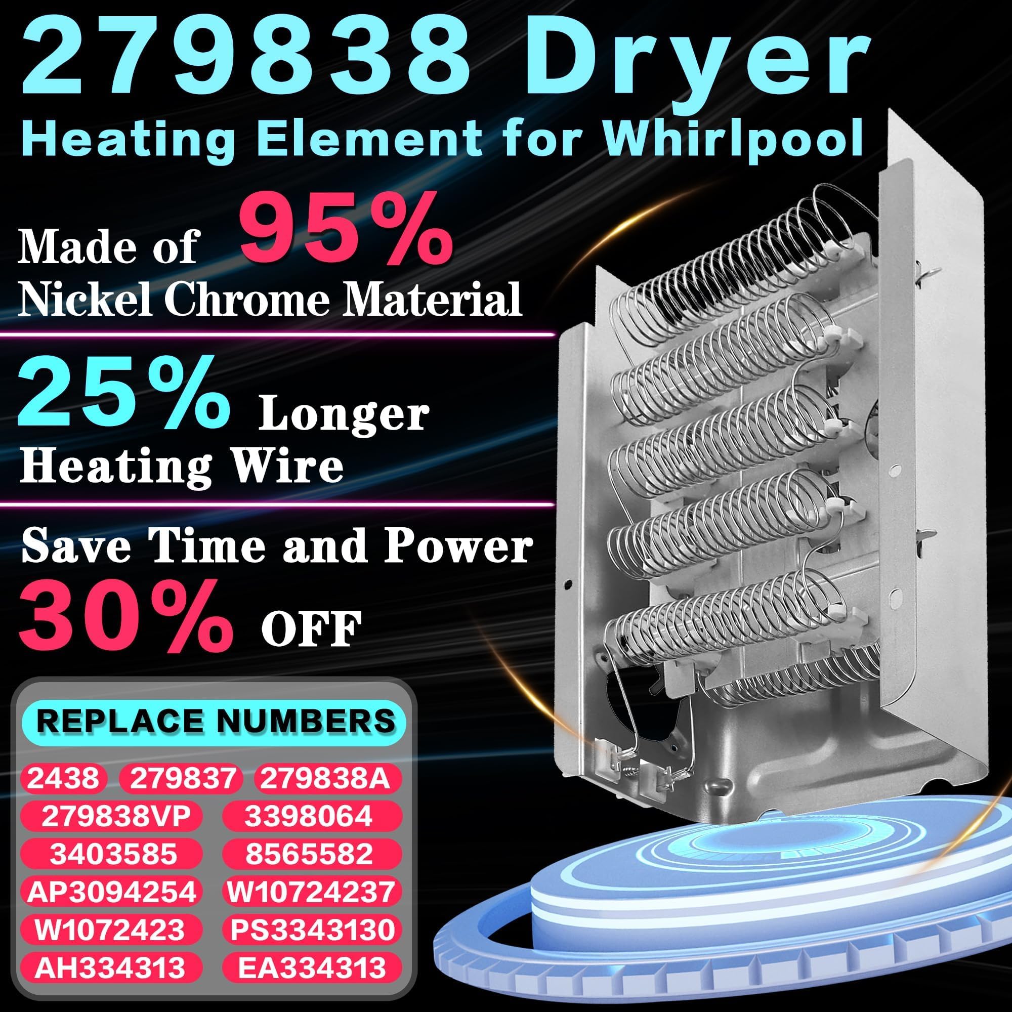 Elemento de calefacción para secadora Whirlpool WED4815EW0 NED4655EW1 WED4815EW1 MEDC215EW1 MEDX655DW1 LER7646EQ2 LEN3634DW1 WED5000DW2 WED6 200SW1 WED6600VW0 WED4800BQ1 RED4640YQ1 REX6634PQ0