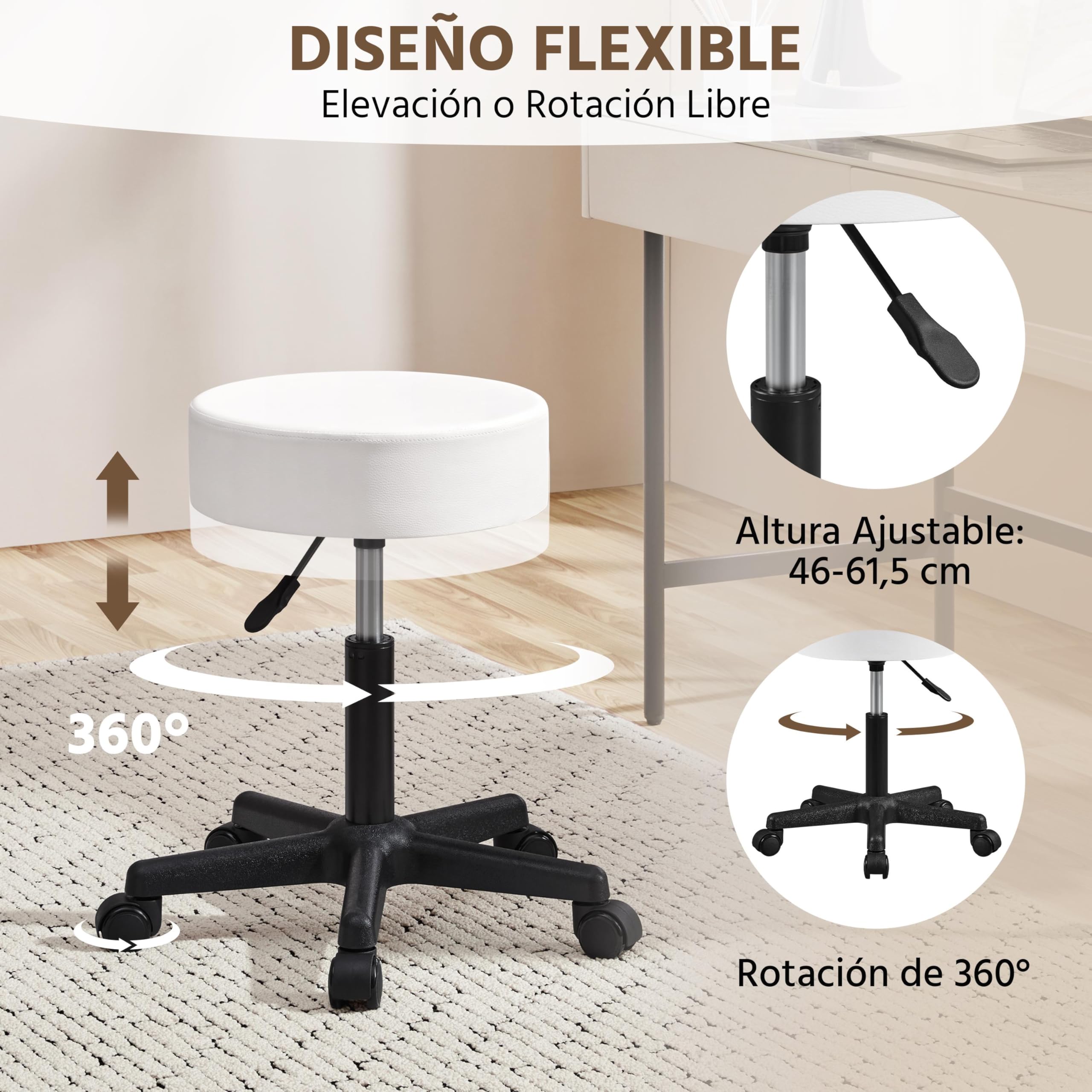 Yaheetech Taburete de Bar, con Ruedas, Silla Alta, Regulable en Altura, Giratorio, Cubierta PU, Trabajo para Salón de Belleza, Peluquería, Oficina, Consultas Blanco