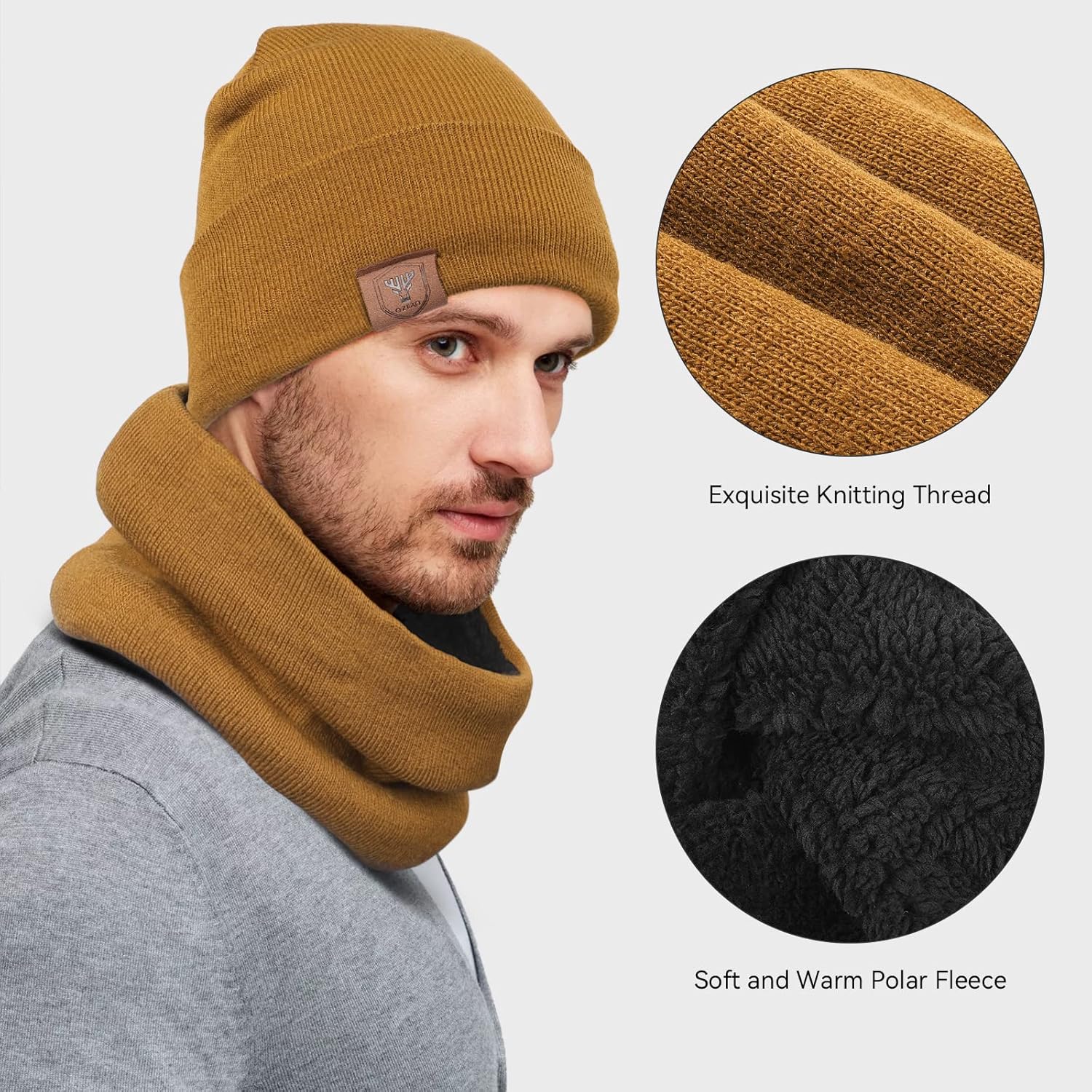 OZERO Winter Gloves Hat Scarf: Warm Knit Touchscreen Gloves and Polar Fleece Lined Beanie and Soft Neck Scarf - Image 3