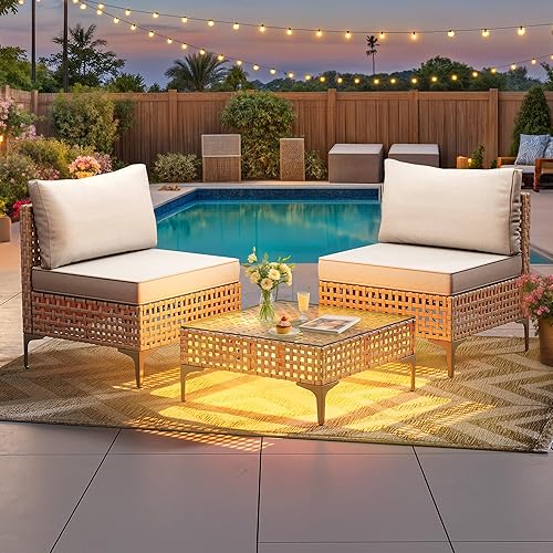 YITAHOME Juego de muebles de mimbre para patio, sofá modular de 3 piezas para exteriores con mesa de luz solar, sofá para exteriores con cojines