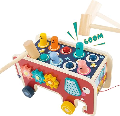 Evmark Toys & Games Juguete de aprendizaje golpeador de martillo de madera, elefante sobre ruedas con números de conteo y topos